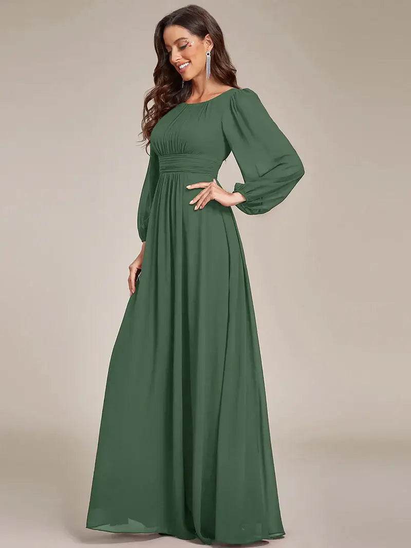 Round Neck Bridesmaid Dress with Long Lantern Sleeves – Maxi Gown - Biamonde
